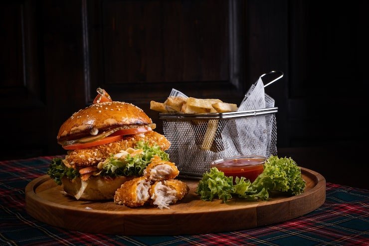 juicy-chicken-burger-with-fresh-lettuce-crispy-french-fries-wooden-board_181624-50895